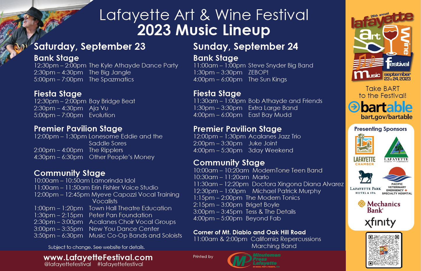 Lafayette Art & Wine Festival Music Lineup Card 2023